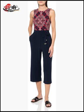 Bandana Tie Waist Sleeveless Jumpsuit, Polyester Spandex Blend, Relaxed Fit